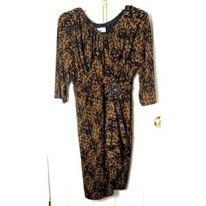 EY Signature Ruched Waist Cocktail Party Dress 2X Brown Black Elastic Neckline